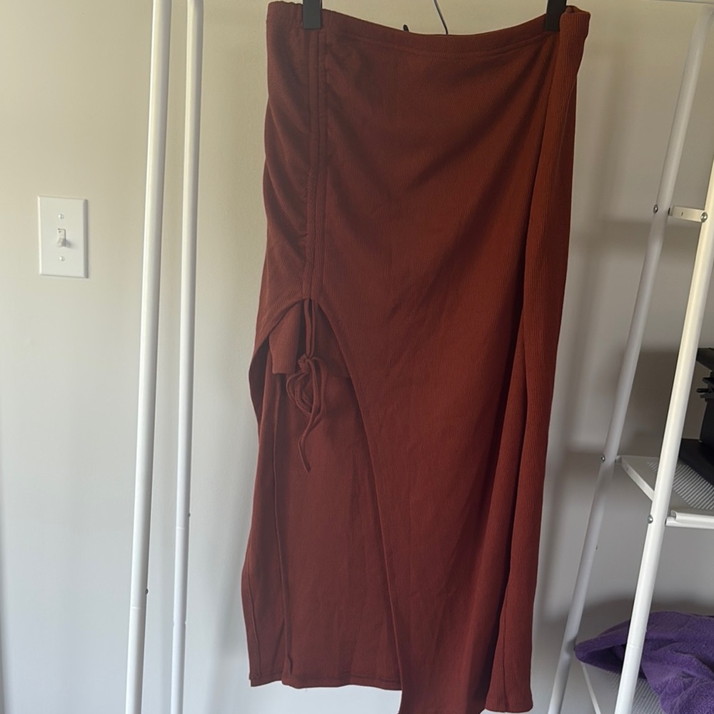 Drawstring Solid Knit Brown Midi Skirt